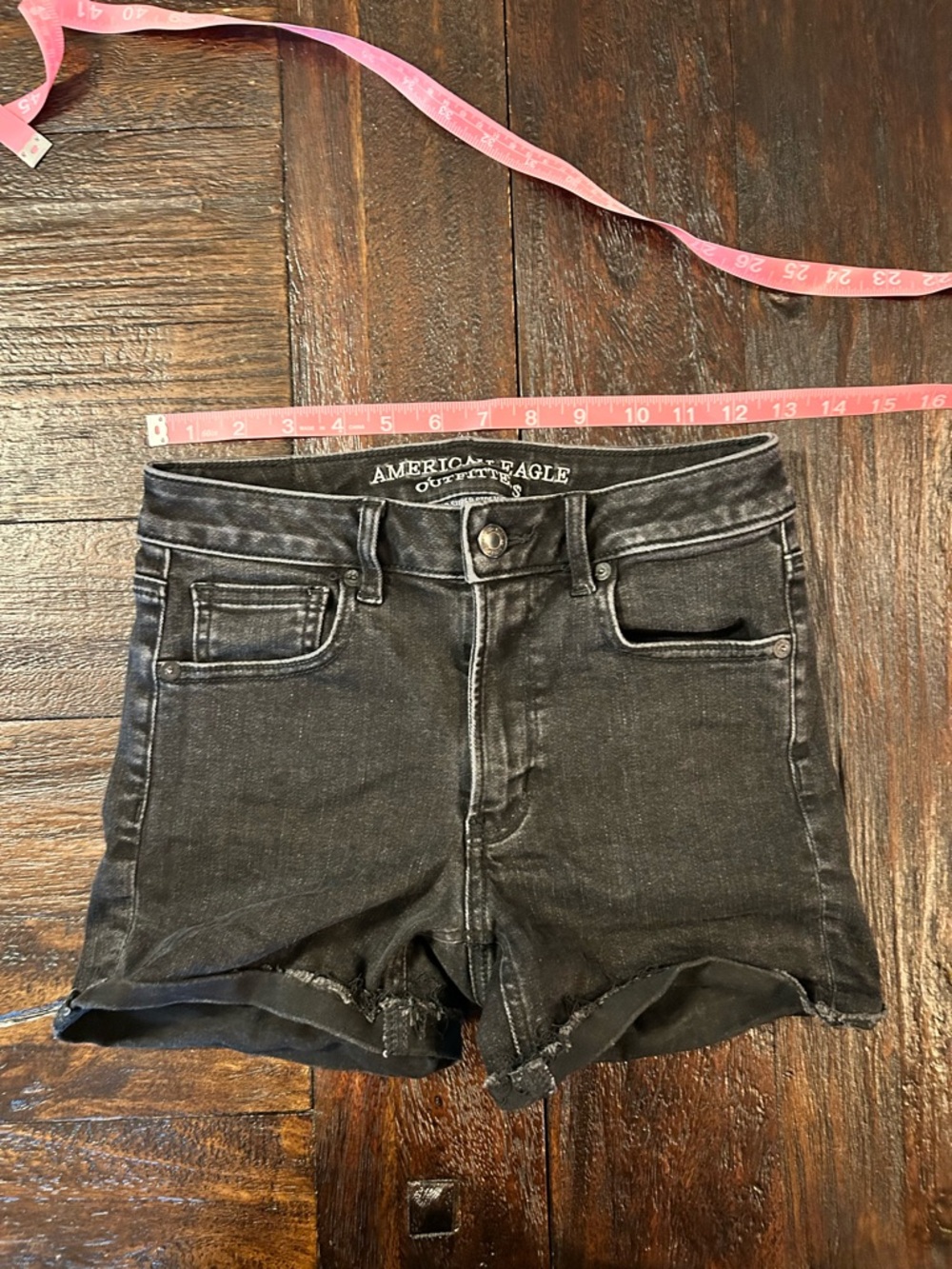 American Eagle Outfitters Washed Black Denim Super Hi Rise Shortie Shorts - Picture 7 of 7